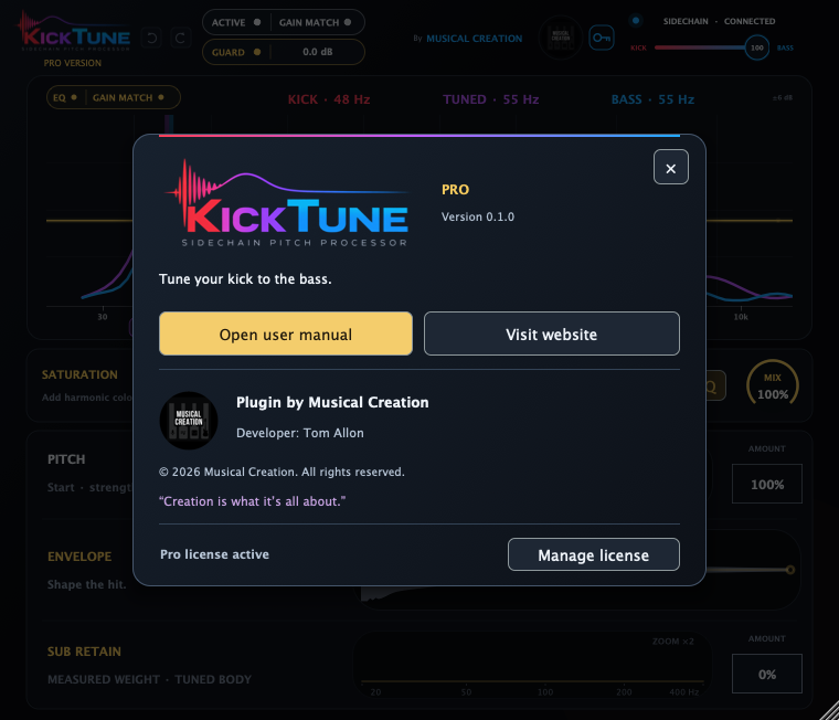 About panel with product logo, manual, website and license actions
