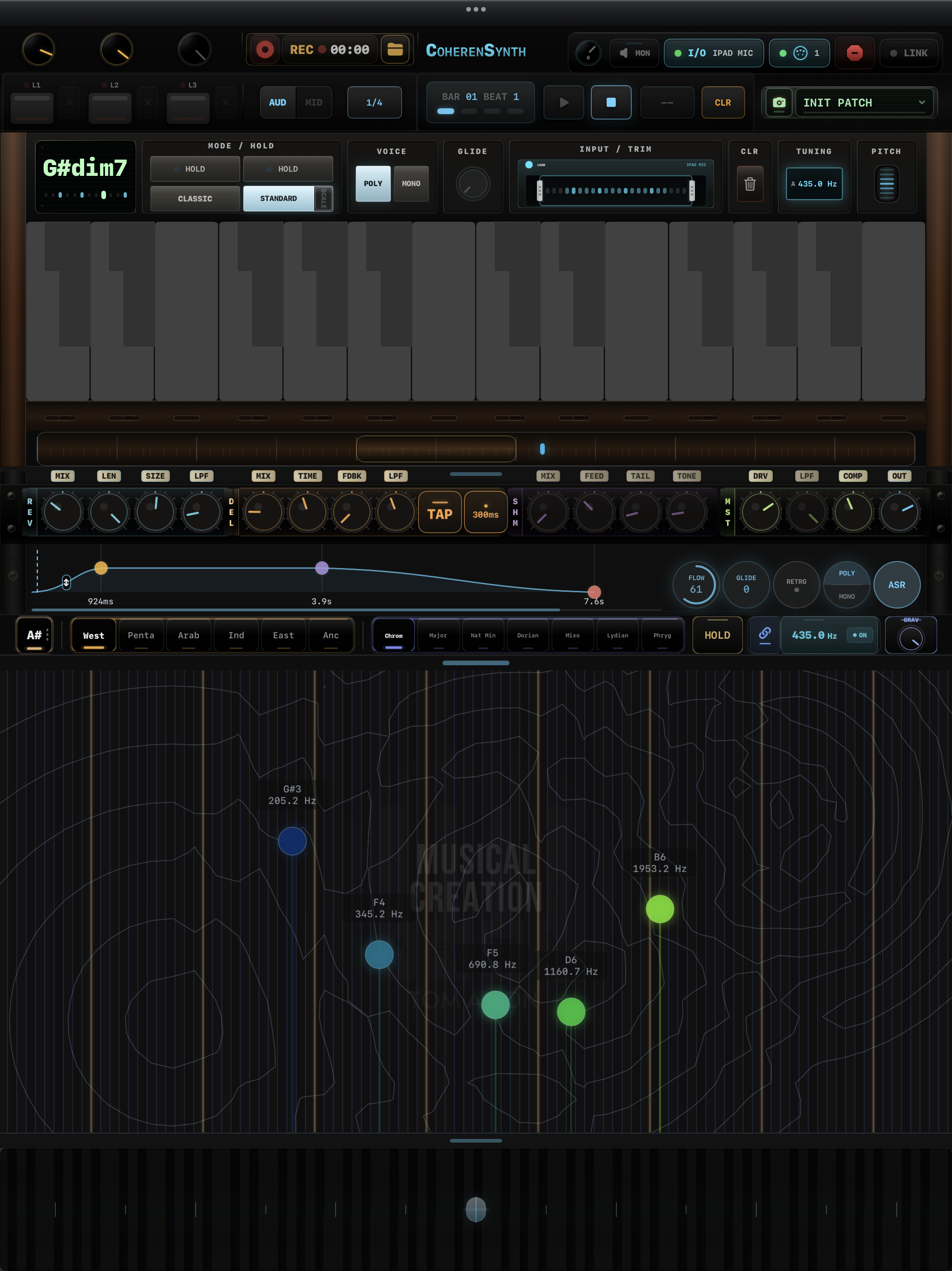 The complete CoherenSynth interface with recorder, loop decks, chord display, multi-touch keyboard, effects, envelope, scale controls, sound canvas and touch strip