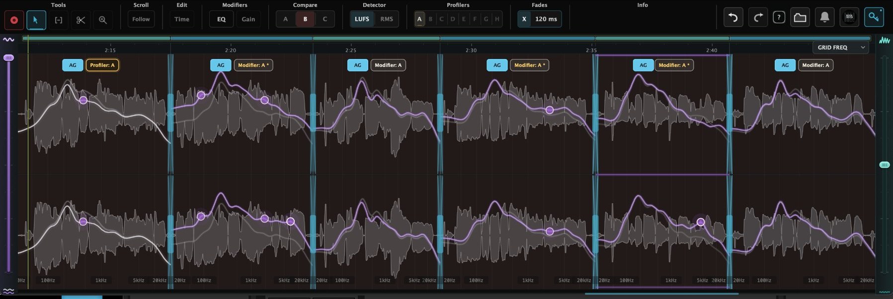 EQ mode across five segments of a vocal capture: the first segment is Profiler A with a white curve, the rest are bound modifiers with purple curves, each over its own 20 Hz to 20 kHz axis