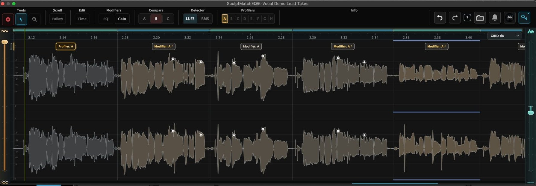 Gain mode: modifier segments tinted amber by how far each moved from source, white manual gain nodes on the waveforms, and the profiler segment left neutral grey