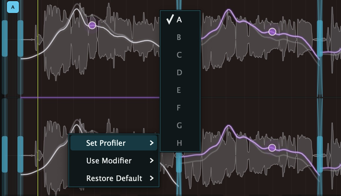 Right-click menu on a segment showing Set Profiler, Use Modifier and Restore Default, with the eight profiler slots A to H in the submenu