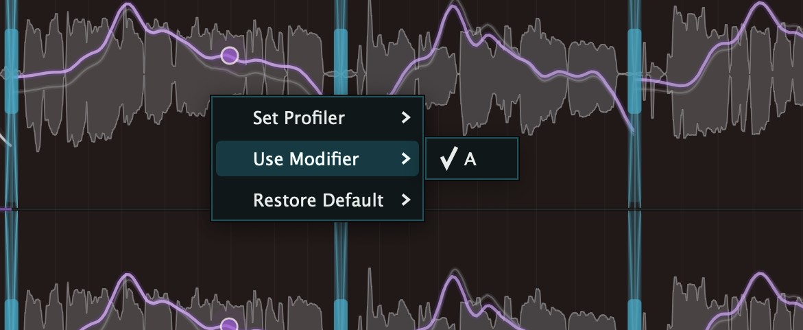 The Use Modifier submenu open, binding the selected segment to profiler A